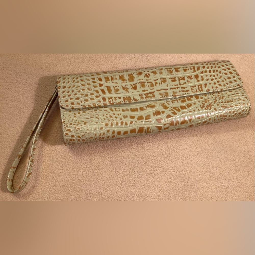 Oly leather oval embossed crocodile wristlet bag in cream and camel